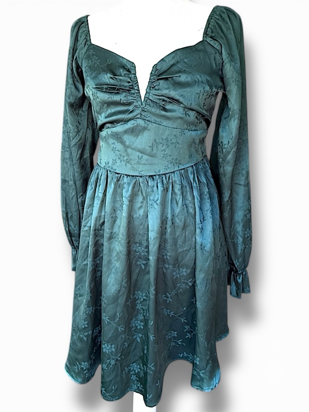 Inspired Hearts Dress Green Satin Jacquard Milkmaid Balloon Sleeve | Sz L (Jr)